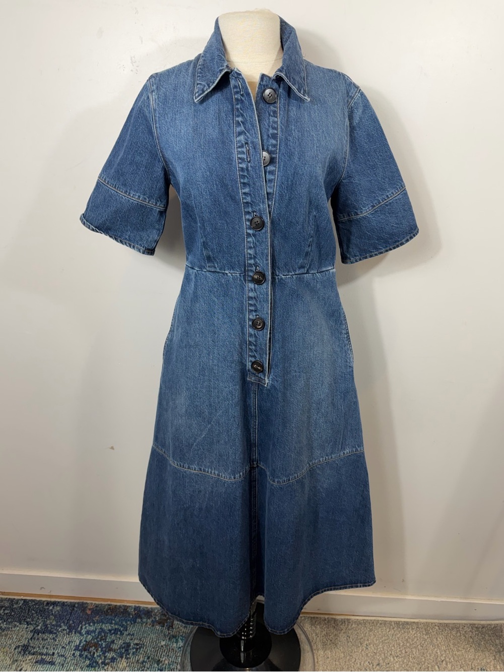 CO Denim Shirt Dress Small Blue Button Front Midi 100% Cotton Short Sleeve